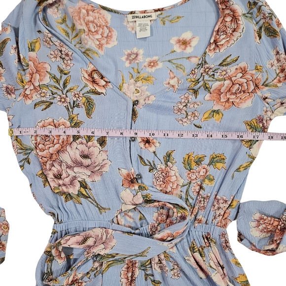 Billabong Floral Bell Sleeve Tie Front Shirts Romper, Blue/Floral, Small - Picture 10 of 15